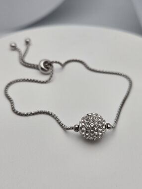 Silver Tone Adjustable Chain Bracelet Pave Rhinestone Ball Charm 9" Sparkly